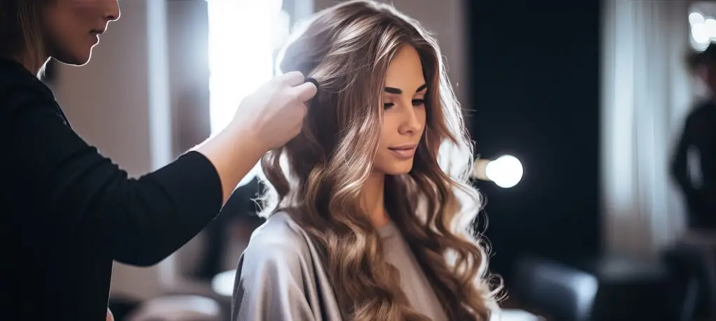 A woman is in the process of getting her hair cut at a beauty salon